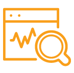 yellow icon with a magnifying glass held up to a graph